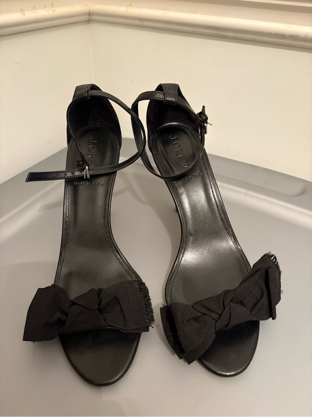 J. Crew Black Bow Ankle-Strap Heeled Sandals